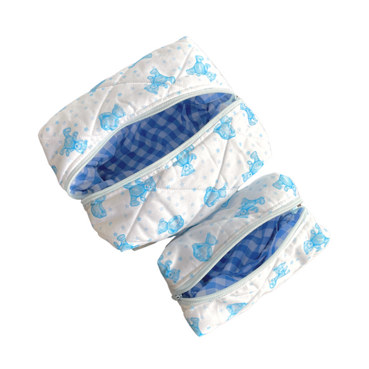 Quilted Toiletry Bags - Blue Teddies
