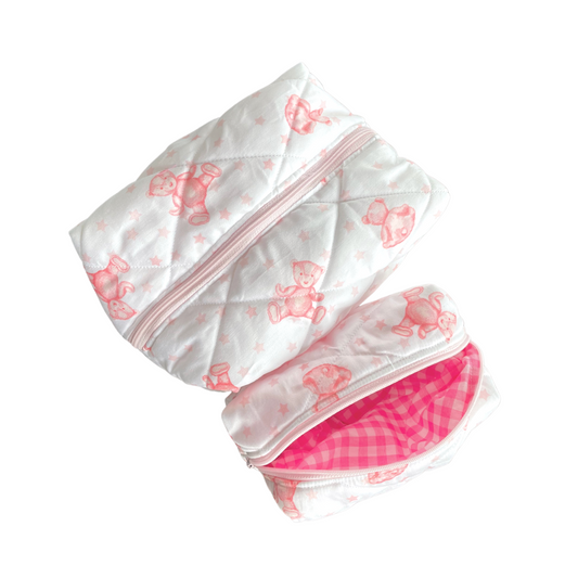 Quilted Toiletry Bags - Pink Teddies